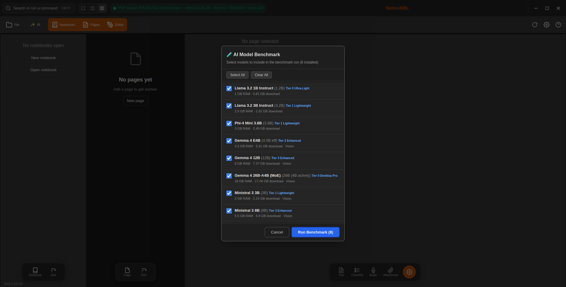 NotesXML AI Model Benchmark selection dialog in a Development build during the Beta 5.141.94 release checkout, showing the then-current eight-model catalog with capability tiers, RAM requirements, and download sizes
