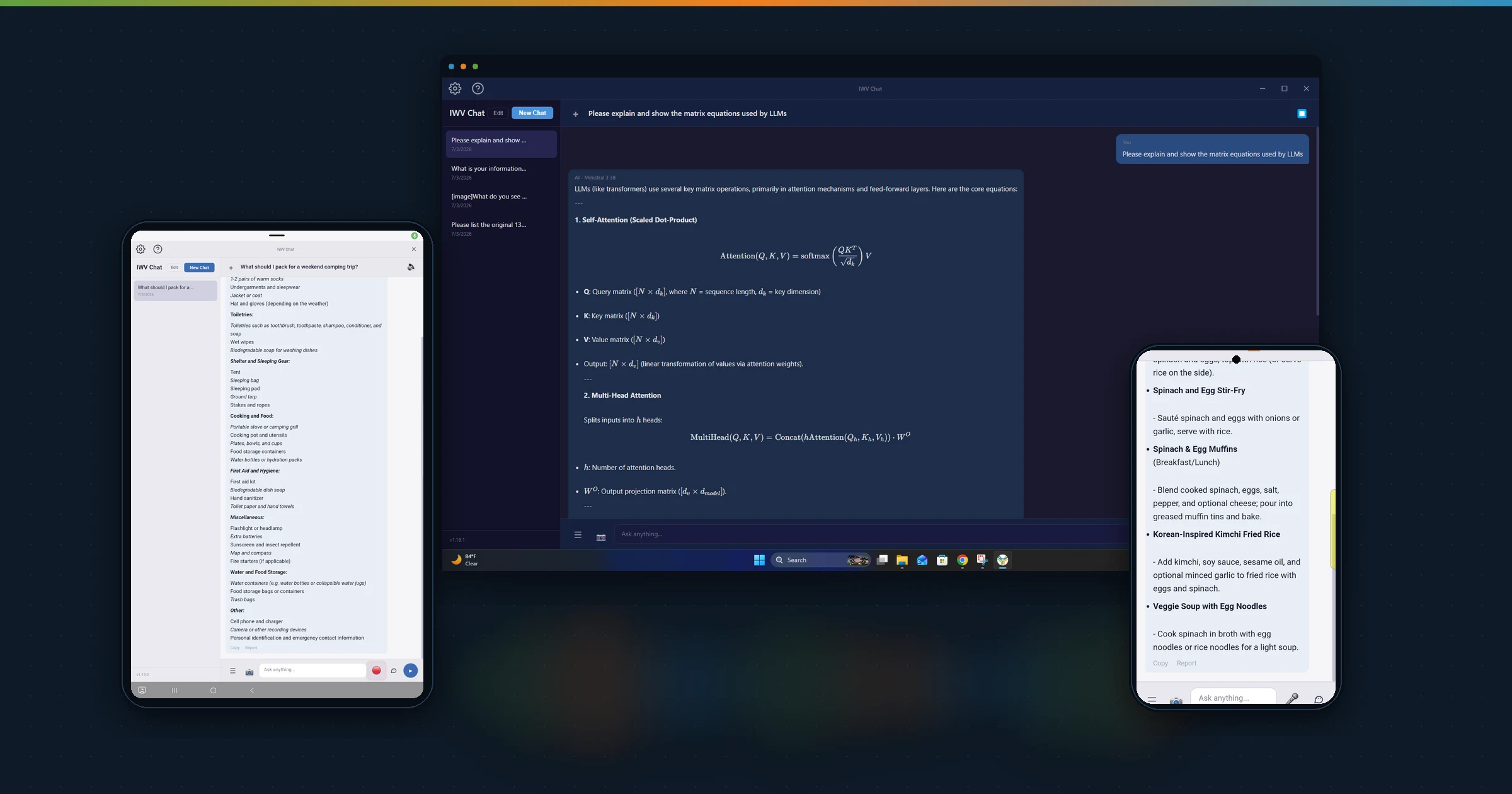 IWV Chat AI open on a desktop, an Android tablet, and a phone -- the same private assistant on every device