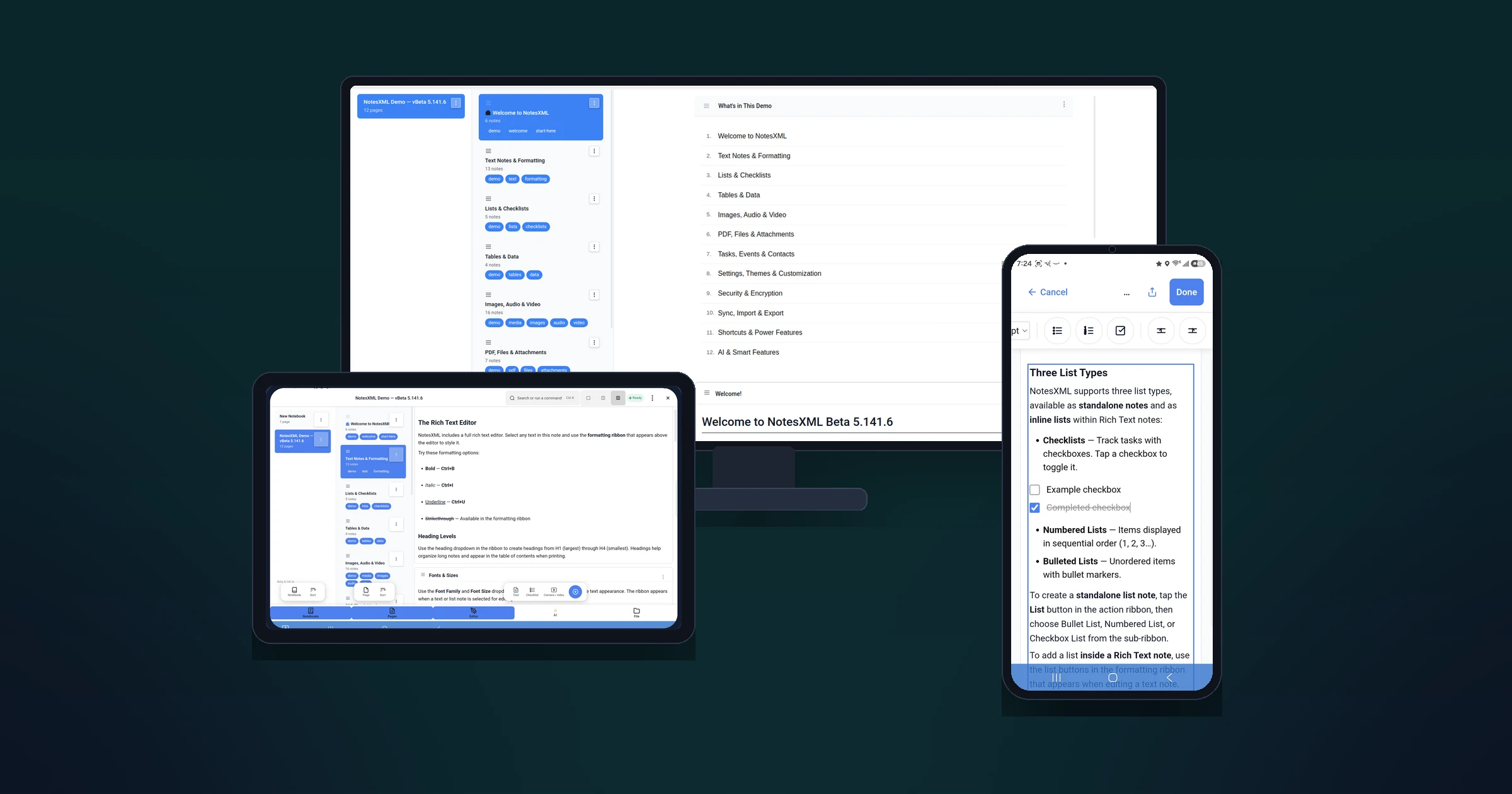 NotesXML open on a desktop, an Android tablet, and a phone — the same notebook on every device