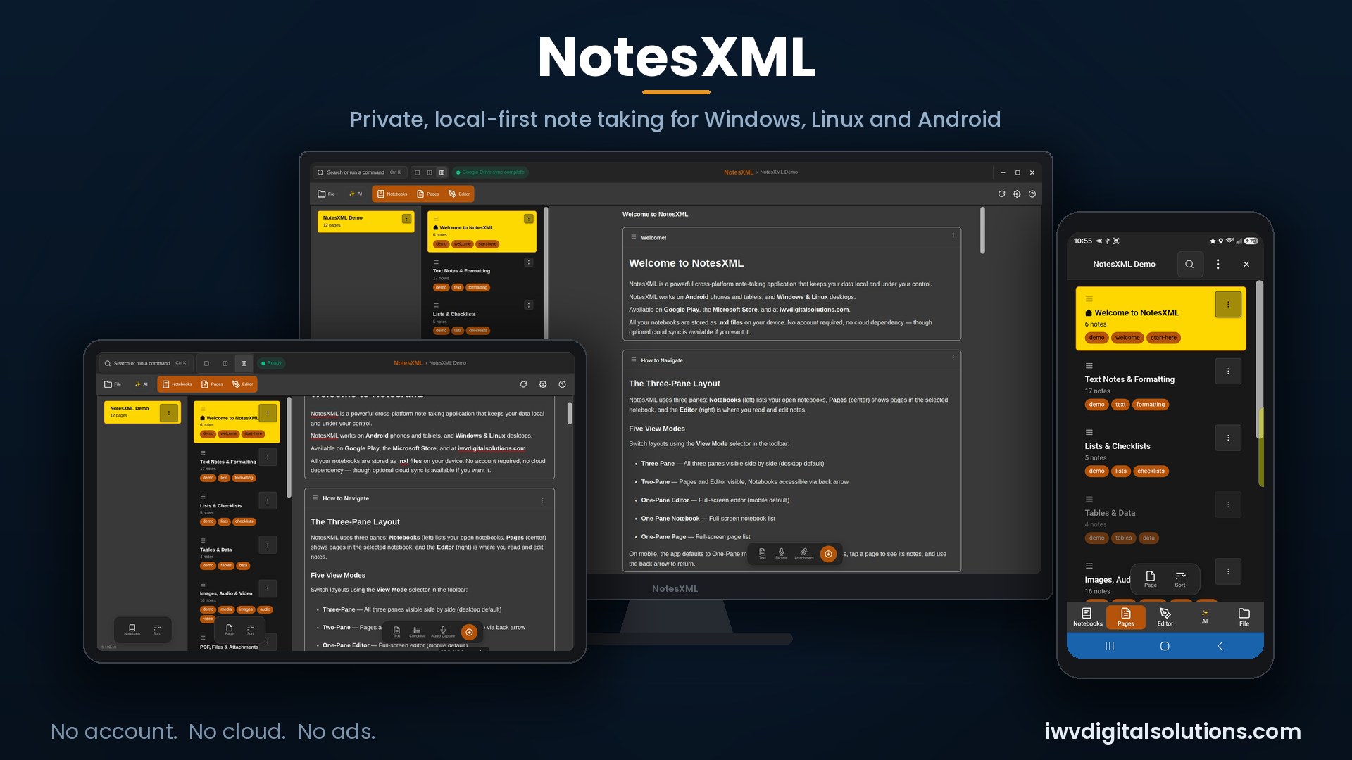 NotesXML open on a desktop monitor, a laptop and an Android phone, showing the same notebook on each