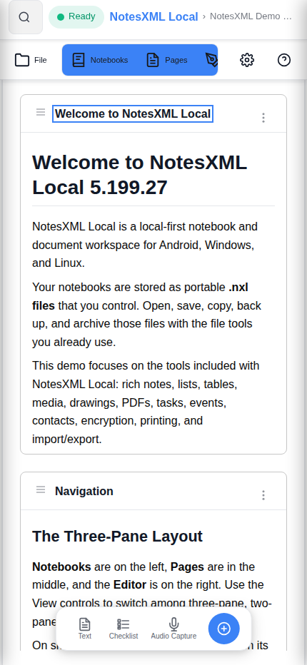 NotesXML Local on Android: Notebook