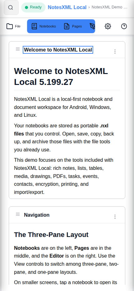 NotesXML Local on Android: Welcome