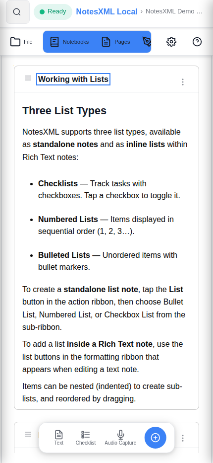 NotesXML Local on Android: Lists