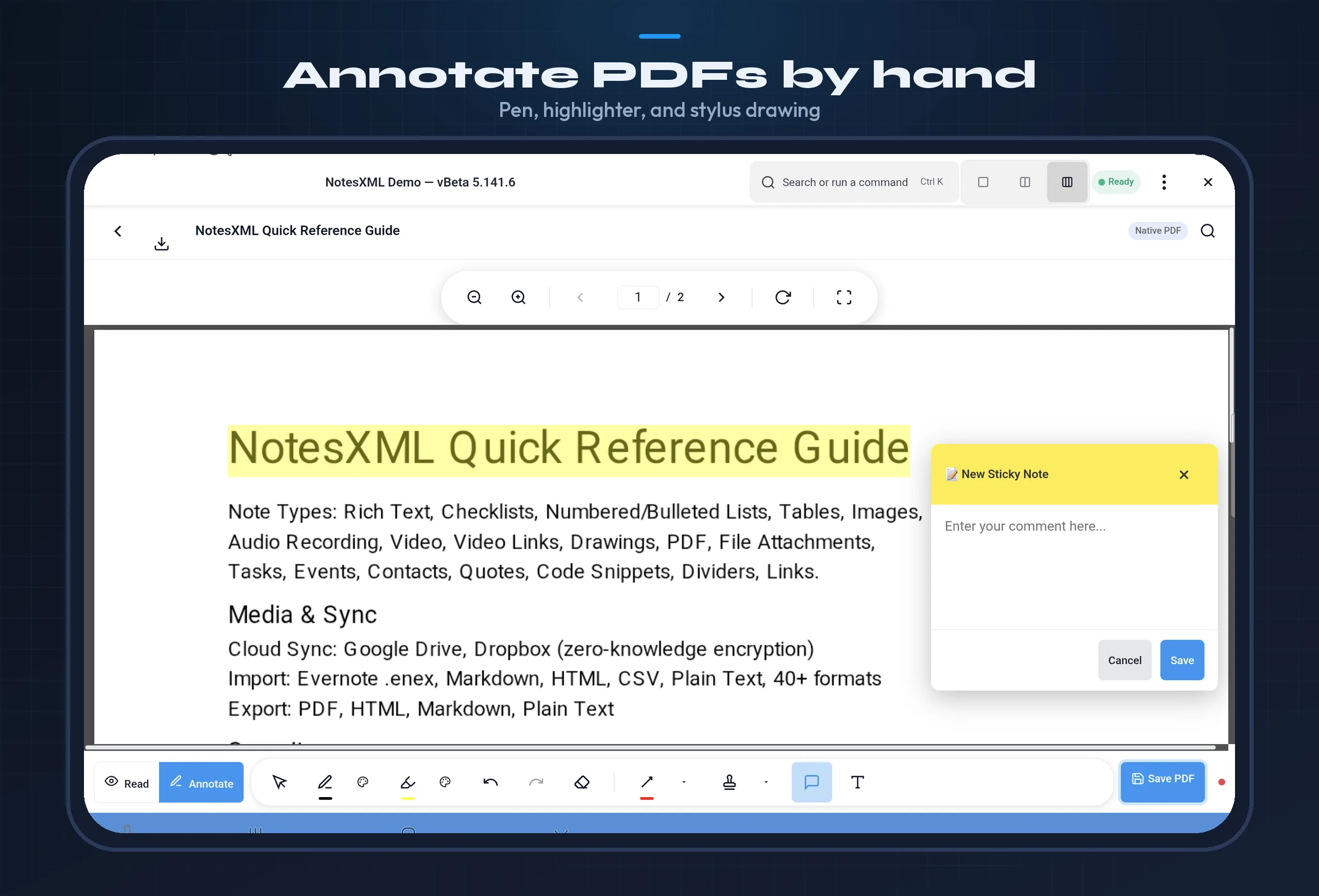 NotesXML on Android Tablet